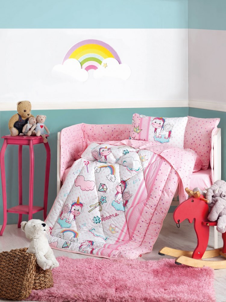 Cotton Box Lenjerie patut cu 6 piese Baby Ranforce Unicorn Pink