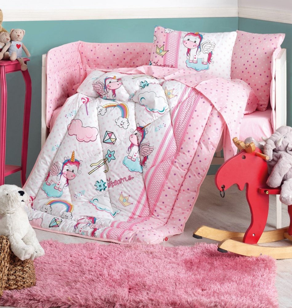 Cotton Box Lenjerie patut cu 6 piese Baby Ranforce Unicorn Pink