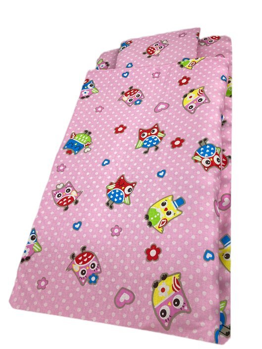 Croitoria Noastra Lenjerie de pat 3 piese cu cearceaf plapumioara si pernuta slim 140x70 cm bufnite roz