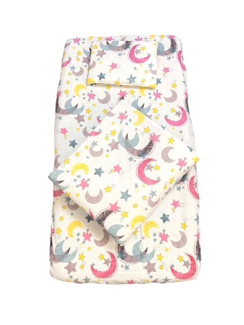 Croitoria Noastra Lenjerie de pat 3 piese cu cearceaf plapumioara si pernuta slim 140x70 cm Stele cu luna roz