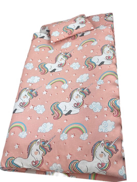 Croitoria Noastra Lenjerie de pat 3 piese cu cearceaf plapumioara si pernuta slim 140x70 cm unicorni