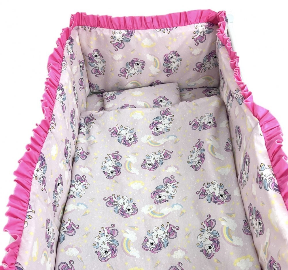 Croitoria Noastra Lenjerie de pat 3 piese cu cearceaf plapumioara si pernuta slim 140x70 cm unicorni Roz