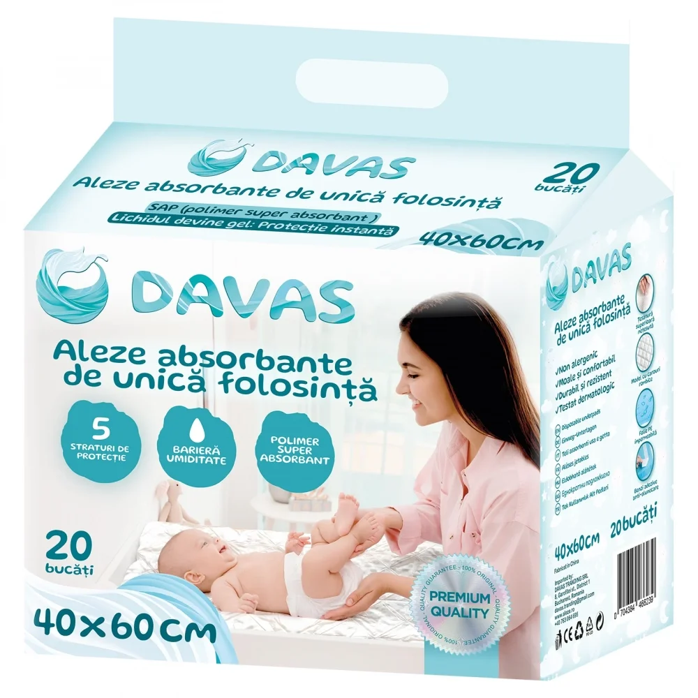 Davas Set 20 aleze absorbante de unica folosinta 40x60 cm 5 straturi cu polymer SAP benzi adezive transforma rapid lichidul in gel si neutralizeaza mirosul