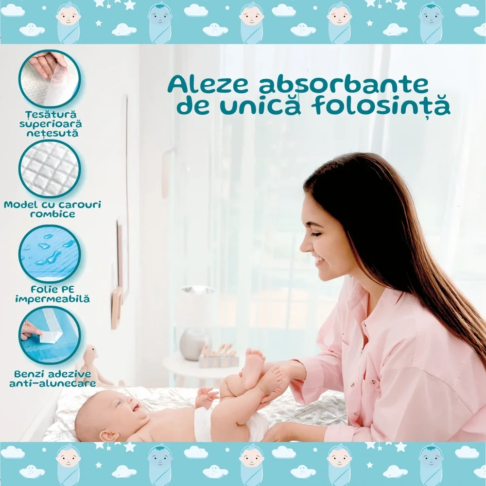 Davas Set 20 aleze absorbante de unica folosinta 40x60 cm 5 straturi cu polymer SAP benzi adezive transforma rapid lichidul in gel si neutralizeaza mirosul
