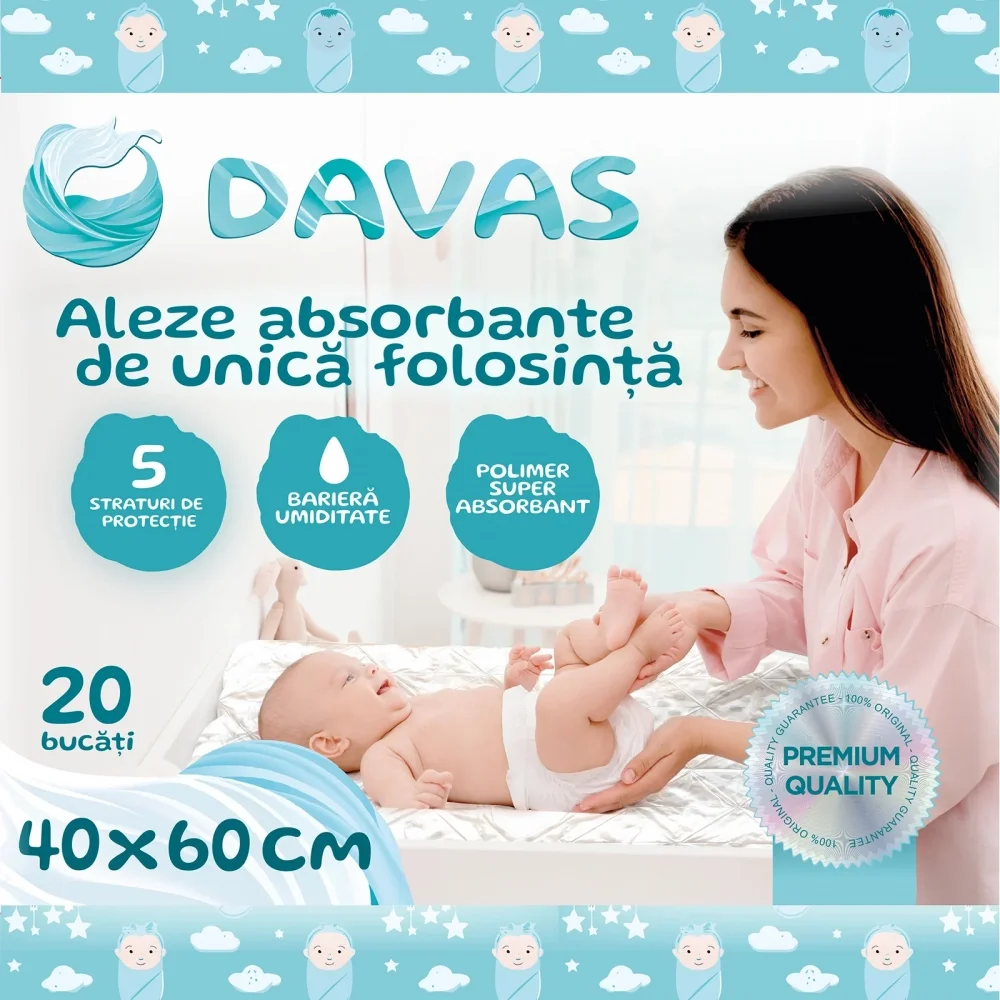 Davas Set 20 aleze absorbante de unica folosinta 40x60 cm 5 straturi cu polymer SAP benzi adezive transforma rapid lichidul in gel si neutralizeaza mirosul