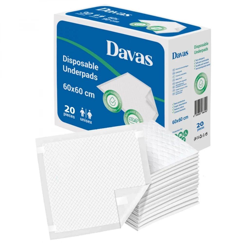 Davas Set 20 aleze absorbante de unica folosinta 60x60 cm 5 straturi impermeabil benzi adezive dispersie uniforma transforma rapid lichidul in gel