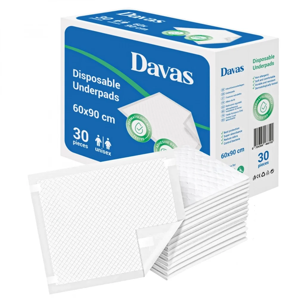 Davas Set 30 aleze absorbante de unica folosinta 60x90 cm 5 straturi benzi adezive dispersie uniforma transforma rapid lichidul in gel