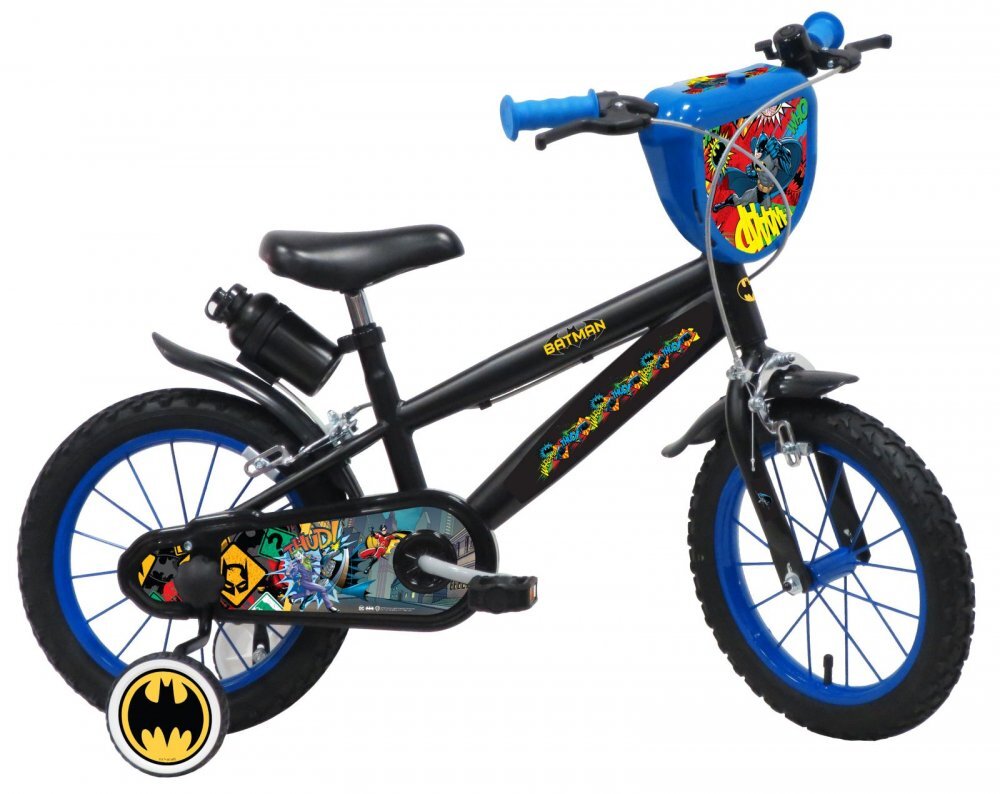 DENVER Bicicleta pentru copii Batman 14 inch frana de mana pe ambele roti claxon sticla de apa aparatoare noroi fata si spate spite metalice roti gonflabile