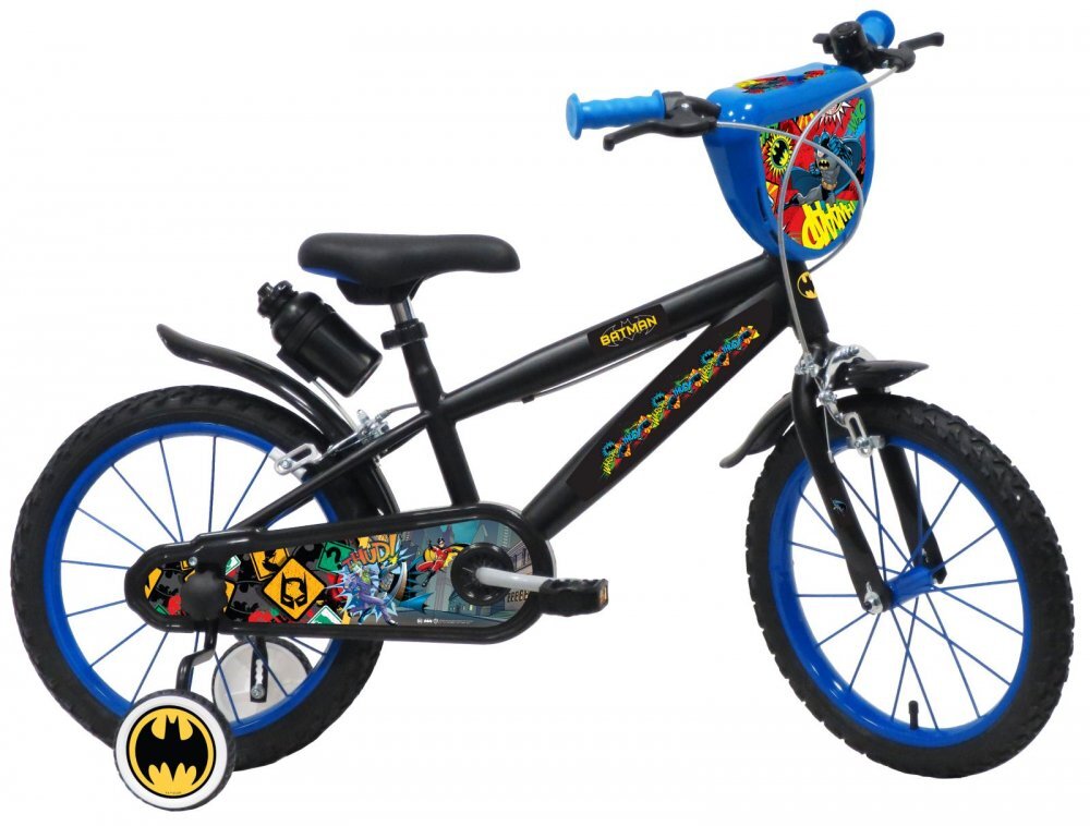 DENVER Bicicleta pentru copii Batman 16 inch frana de mana pe ambele roti claxon sticla de apa aparatoare noroi fata si spate spite metalice roti gonflabile