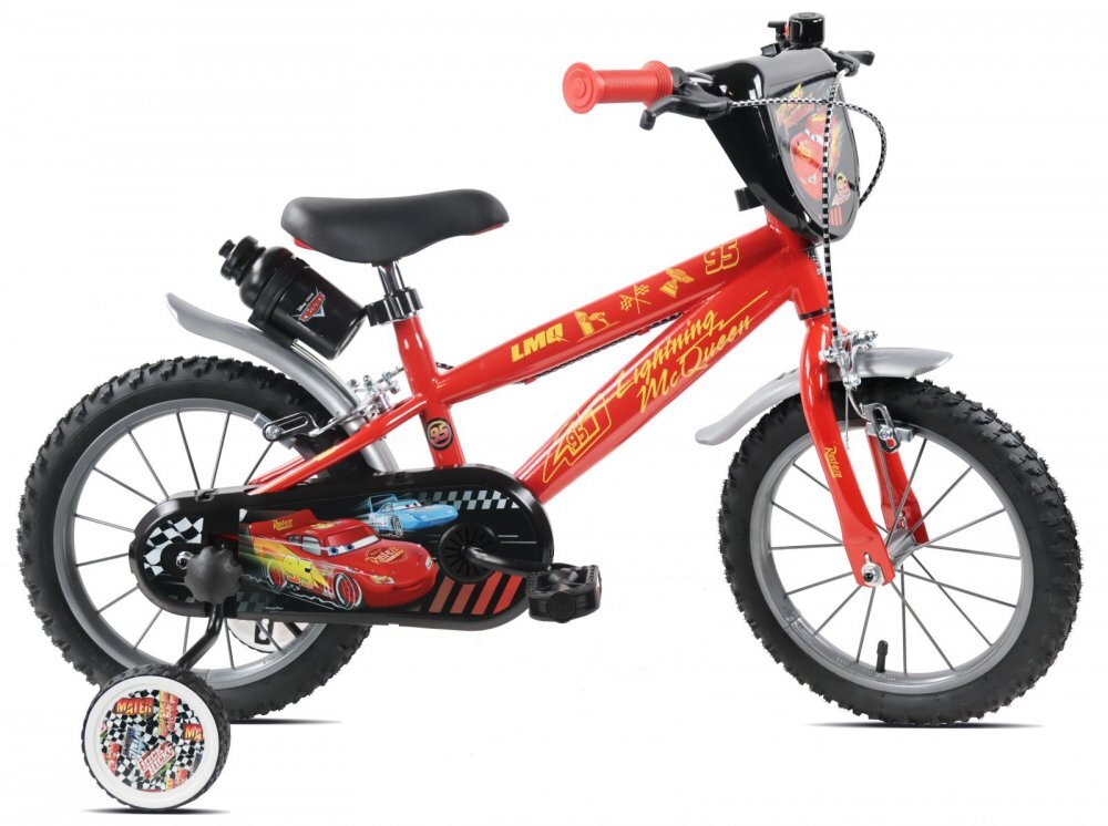 DENVER Bicicleta pentru copii Disney Cars 14 inch frana de mana pe ambele roti claxon sticla de apa aparatoare noroi fata si spate spite metalice roti gonflabile