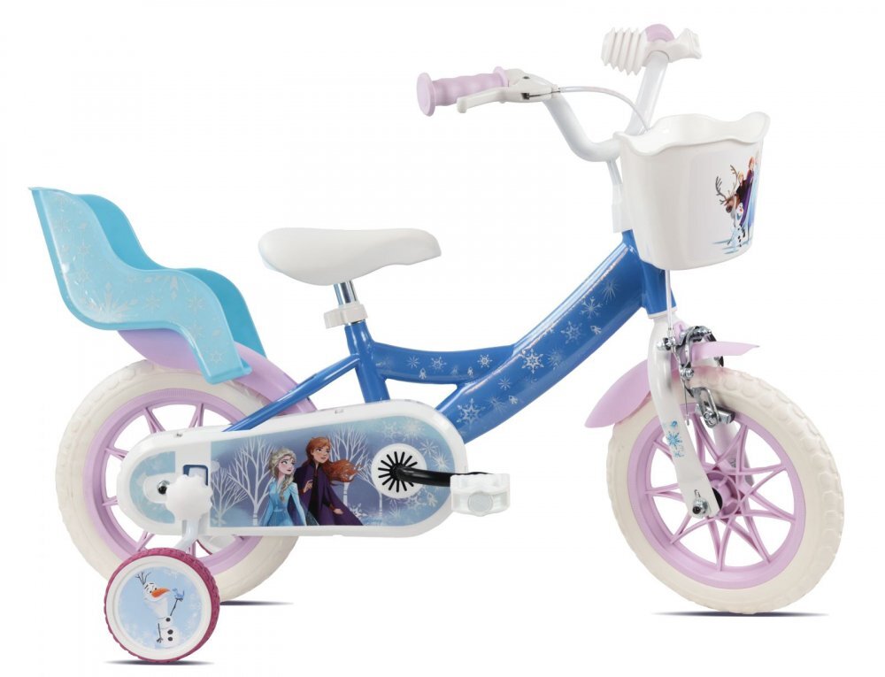DENVER Bicicleta pentru copii Disney Frozen 12 inch frana de mana pe ambele roti clopotel roti ajutatoare detasabile suport pentru papusi cosulet transport pe ghidon