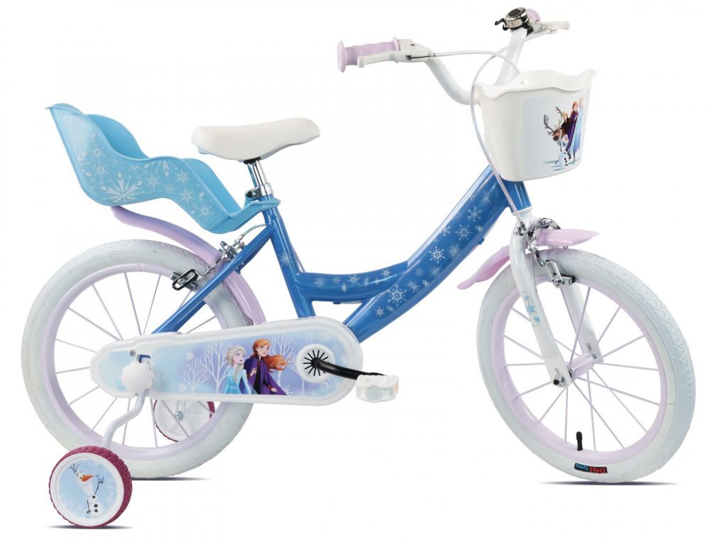 DENVER Bicicleta pentru copii Disney Frozen 14 inch frana de mana pe ambele roti clopotel roti ajutatoare detasabile suport pentru papusi cosulet transport pe ghidon