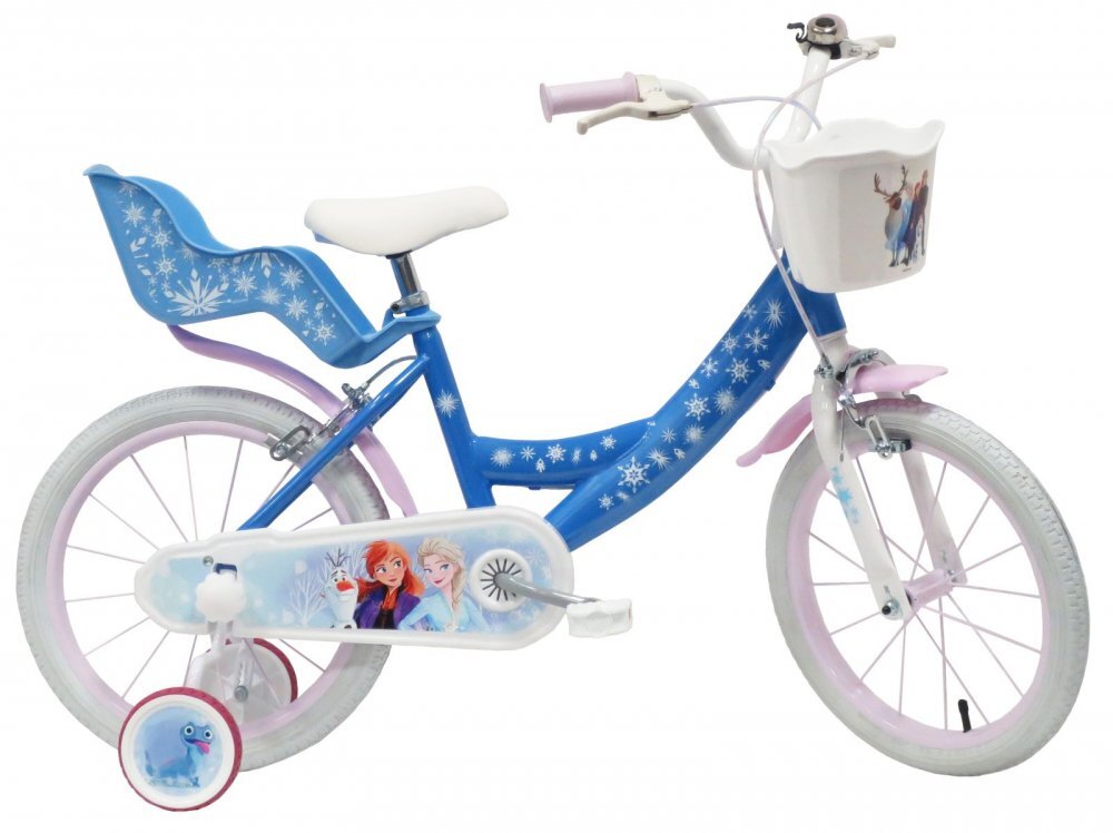 DENVER Bicicleta pentru copii Disney Frozen 16 inch frana de mana pe ambele roti clopotel roti ajutatoare detasabile suport pentru papusi cosulet transport pe ghidon