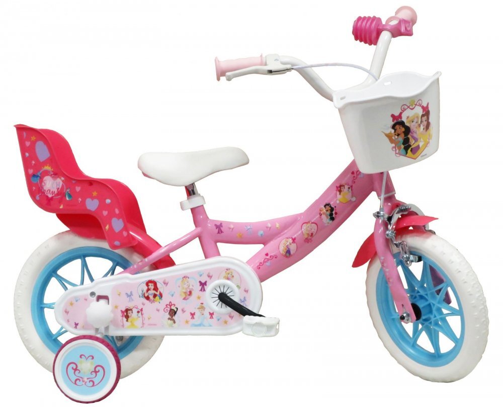 DENVER Bicicleta pentru copii Disney Princess 12 inch frana de mana pe ambele roti clopotel roti ajutatoare detasabile suport pentru papusi cosulet transport pe ghidon