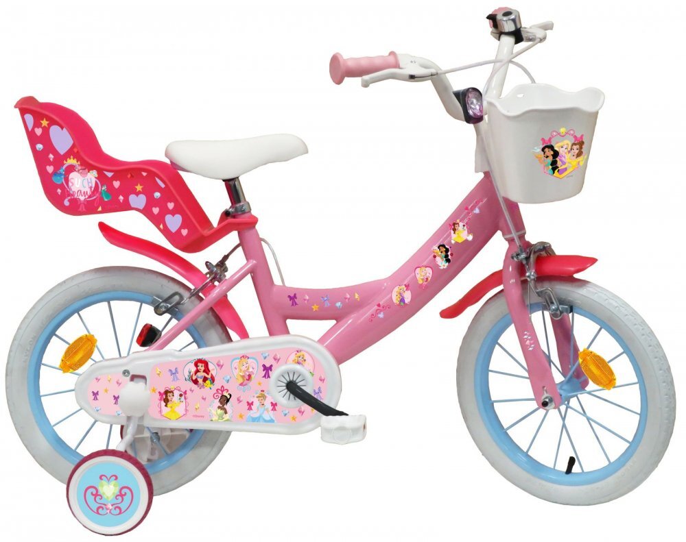 DENVER Bicicleta pentru copii Disney Princess 14 inch frana de mana pe ambele roti clopotel roti ajutatoare detasabile suport pentru papusi cosulet transport pe ghidon