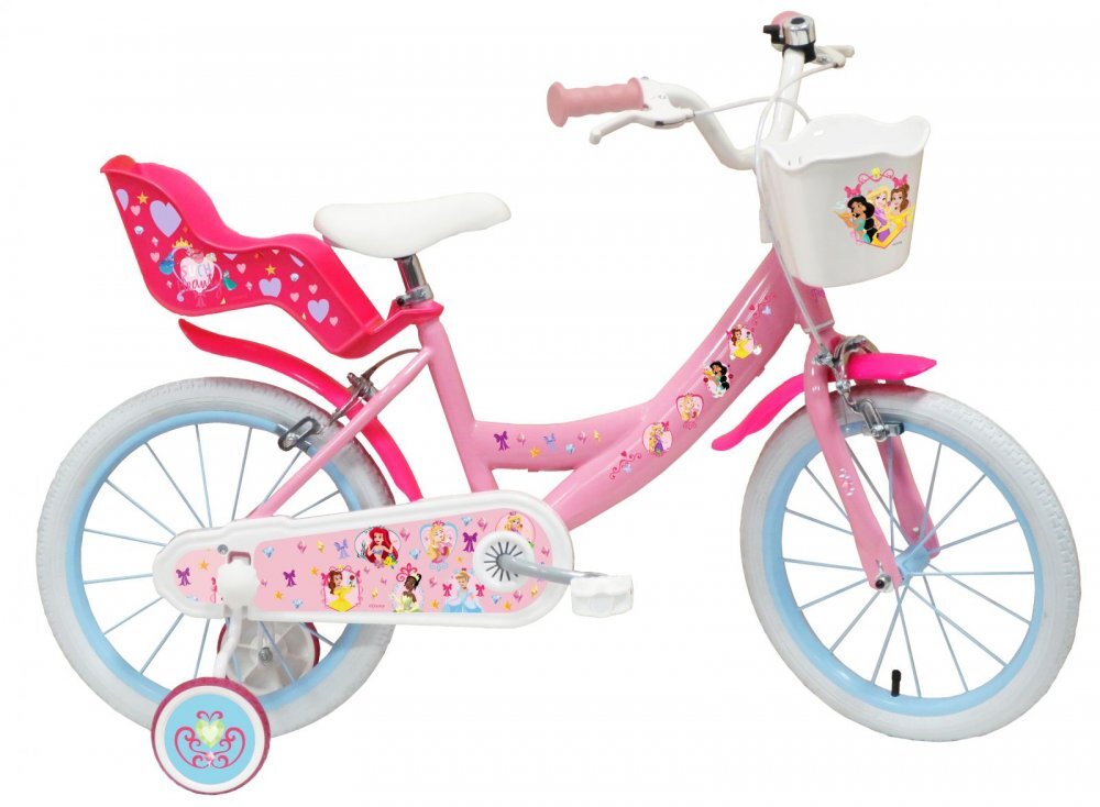 DENVER Bicicleta pentru copii Disney Princess 16 inch frana de mana pe ambele roti clopotel roti ajutatoare detasabile suport pentru papusi cosulet transport pe ghidon