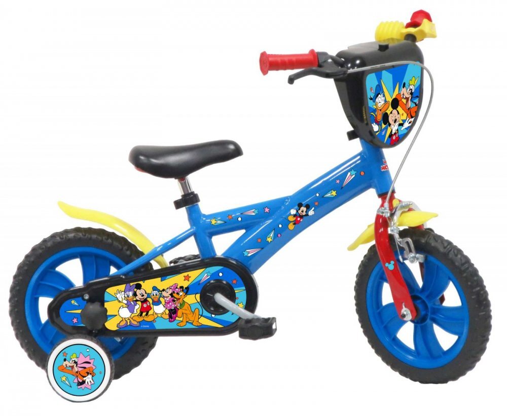 DENVER Bicicleta pentru copii Mickey Mouse Albastra 12 inch frana de mana pe ambele roti clopotel roti ajutatoare detasabile