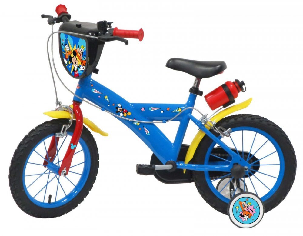DENVER Bicicleta pentru copii Mickey Mouse Albastra 14 inch frana de mana pe ambele roti claxon sticla de apa aparatoare noroi fata si spate spite metalice roti gonflabile