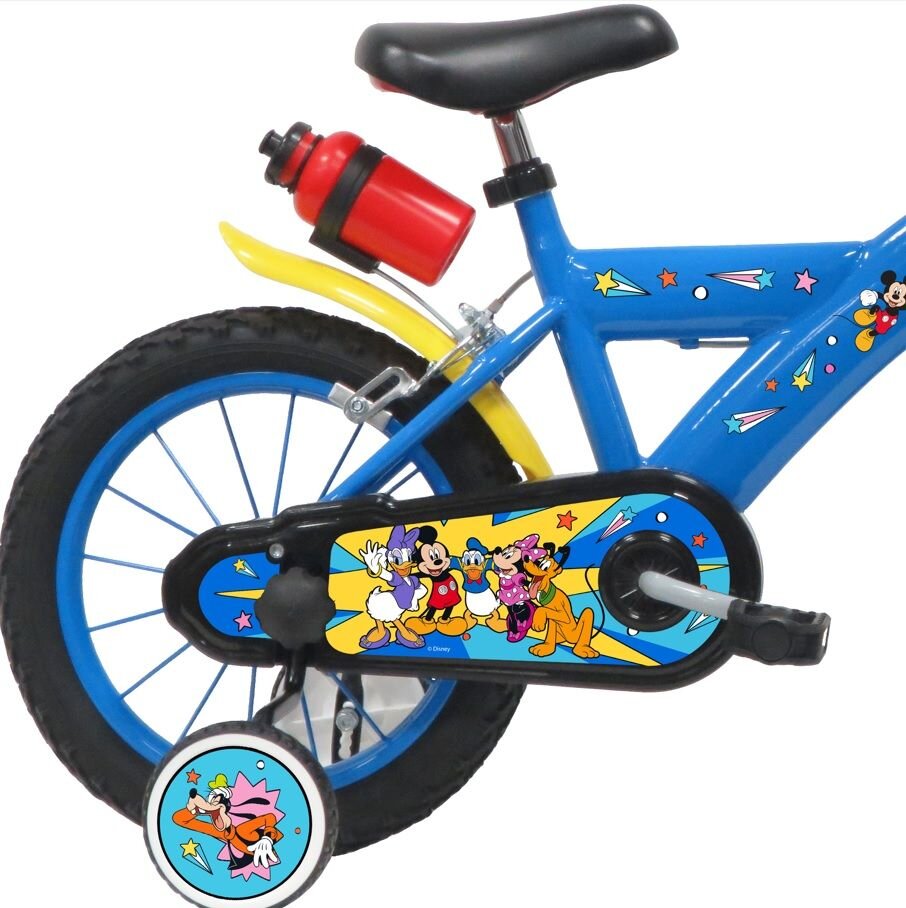 DENVER Bicicleta pentru copii Mickey Mouse Albastra 14 inch frana de mana pe ambele roti claxon sticla de apa aparatoare noroi fata si spate spite metalice roti gonflabile