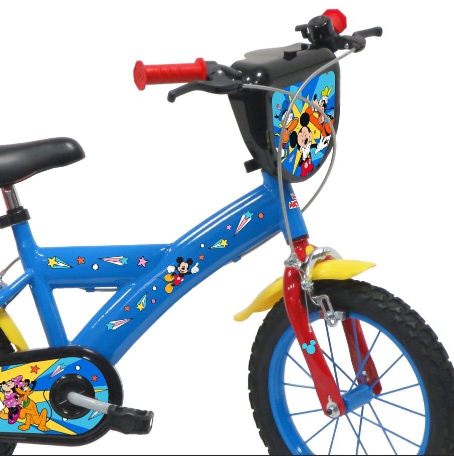 DENVER Bicicleta pentru copii Mickey Mouse Albastra 14 inch frana de mana pe ambele roti claxon sticla de apa aparatoare noroi fata si spate spite metalice roti gonflabile