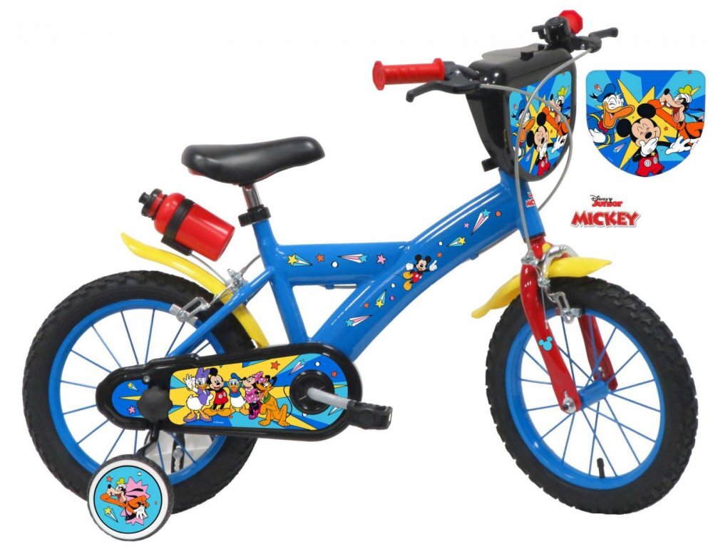 DENVER Bicicleta pentru copii Mickey Mouse Albastra 14 inch frana de mana pe ambele roti claxon sticla de apa aparatoare noroi fata si spate spite metalice roti gonflabile