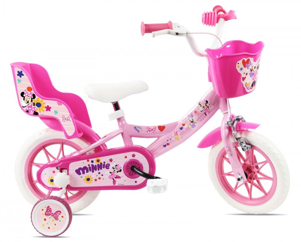 DENVER Bicicleta pentru copii Minnie Cutest 12 inch frana de mana pe ambele roti clopotel roti ajutatoare detasabile suport pentru papusi