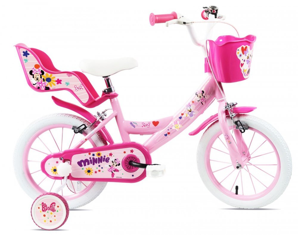 DENVER Bicicleta pentru copii Minnie Cutest 14 inch frana de mana pe ambele roti clopotel roti ajutatoare detasabile suport pentru papusi cosulet transport pe ghidon