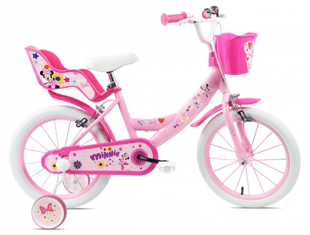 DENVER Bicicleta pentru copii Minnie Cutest 16 inch frana de mana pe ambele roti clopotel roti ajutatoare detasabile suport pentru papusi cosulet transport pe ghidon