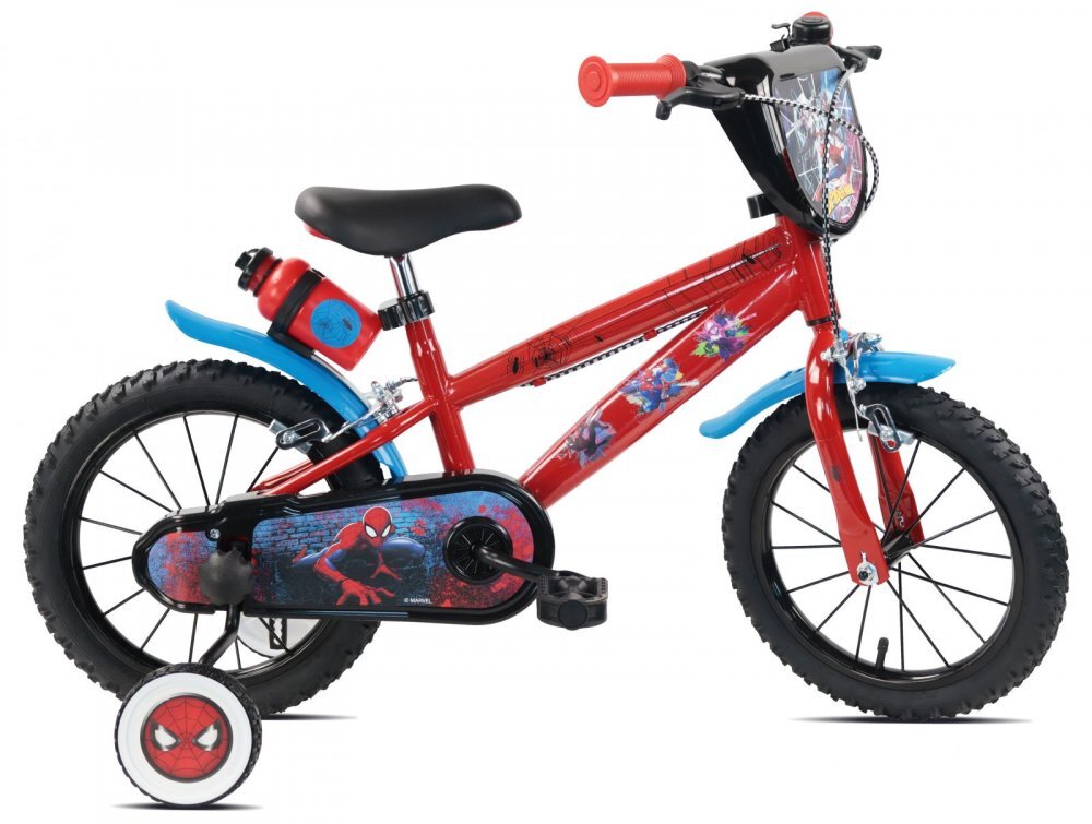 DENVER Bicicleta pentru copii Spiderman 14 inch frana de mana pe ambele roti claxon sticla de apa aparatoare noroi fata si spate spite metalice roti gonflabile
