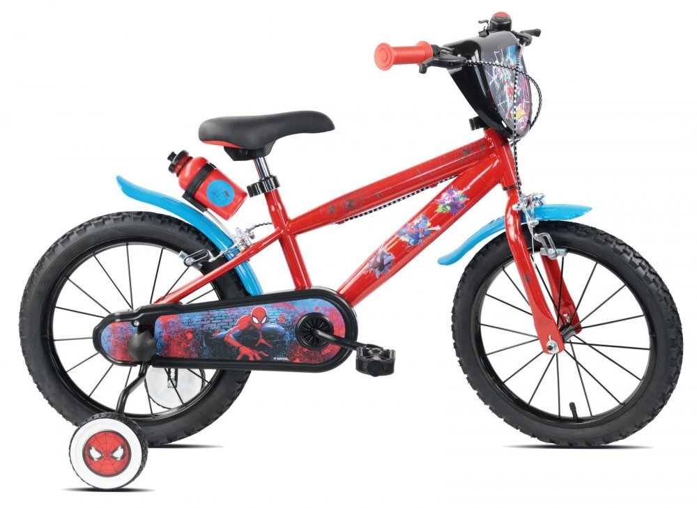 DENVER Bicicleta pentru copii Spiderman 16 inch frana de mana pe ambele roti claxon sticla de apa aparatoare noroi fata si spate spite metalice roti gonflabile