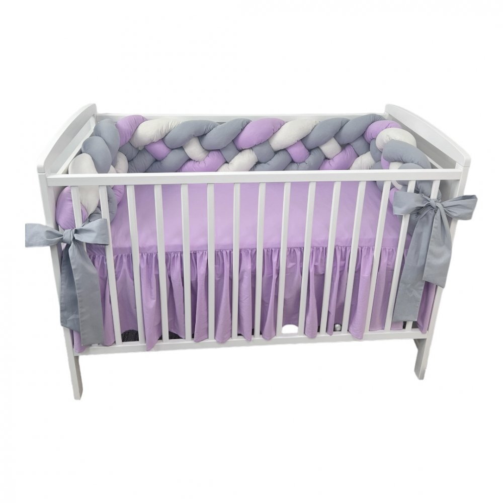 DESEDA Aparatoare laterala patut bebe bumper impletita in 4 din bumbac 240 cm lila-alb-gri