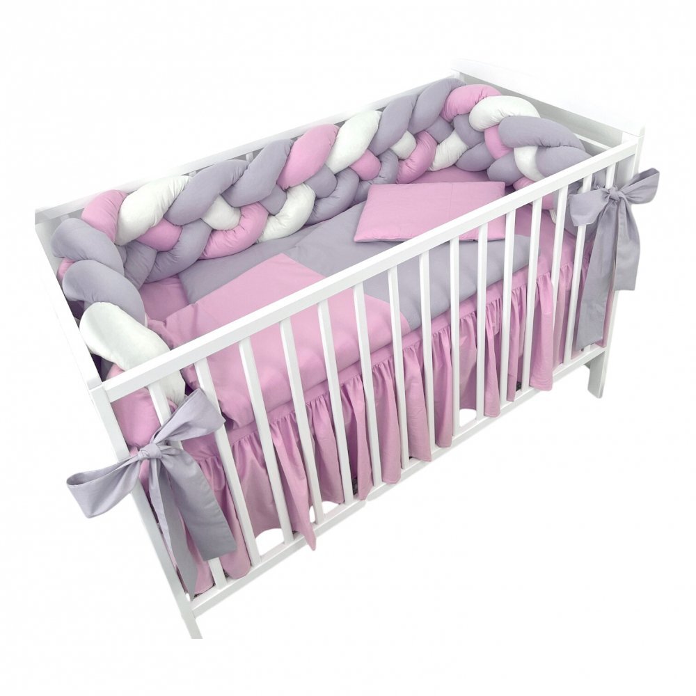 DESEDA Aparatoare laterala patut bebe bumper impletita in 4 din bumbac 240 cm roz pal-alb-gri