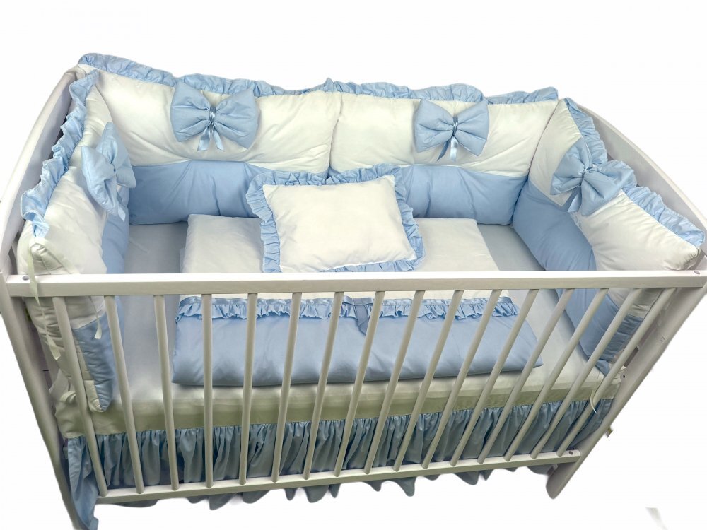 DESEDA Lenjerie cu 6 aparatori pufoase si fundite Bicolore Albastru Pal 120x60 cm