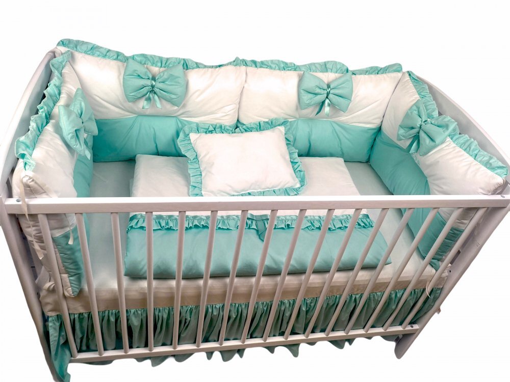 DESEDA Lenjerie cu 6 aparatori pufoase si fundite Bicolore Verde Menta 140x70 cm