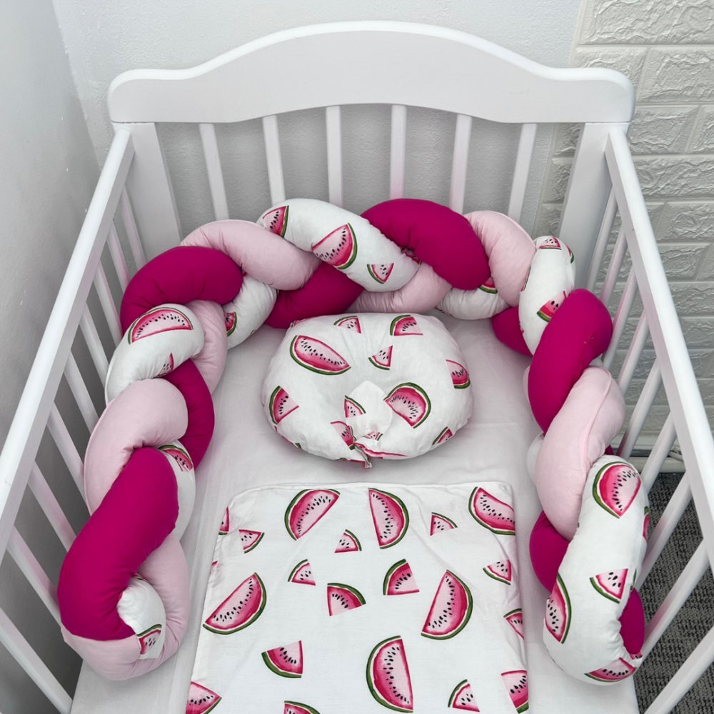 DESEDA Lenjerie de pat 120x60 cm cu aparatoare impletita 180 cm pepene rosu pe alb-ciclam-alb