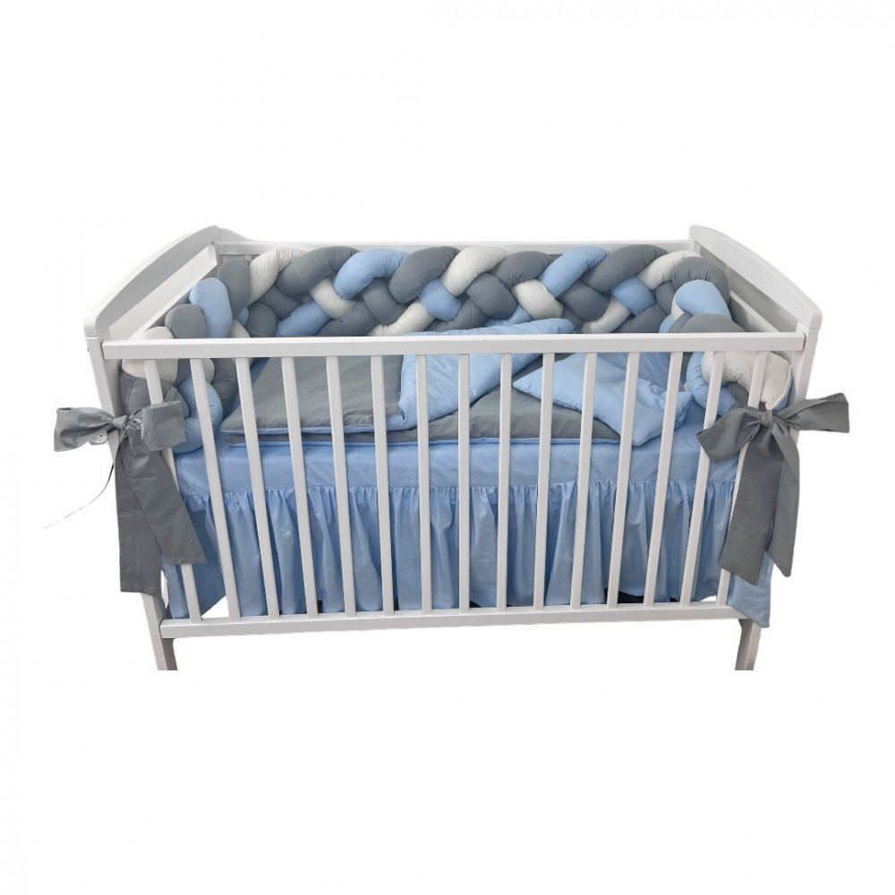 DESEDA Lenjerie de pat 120x60 cm cu aparatoare impletita 240 cm cu paturica pernuta slim si cearceaf albastru pal-alb-gri