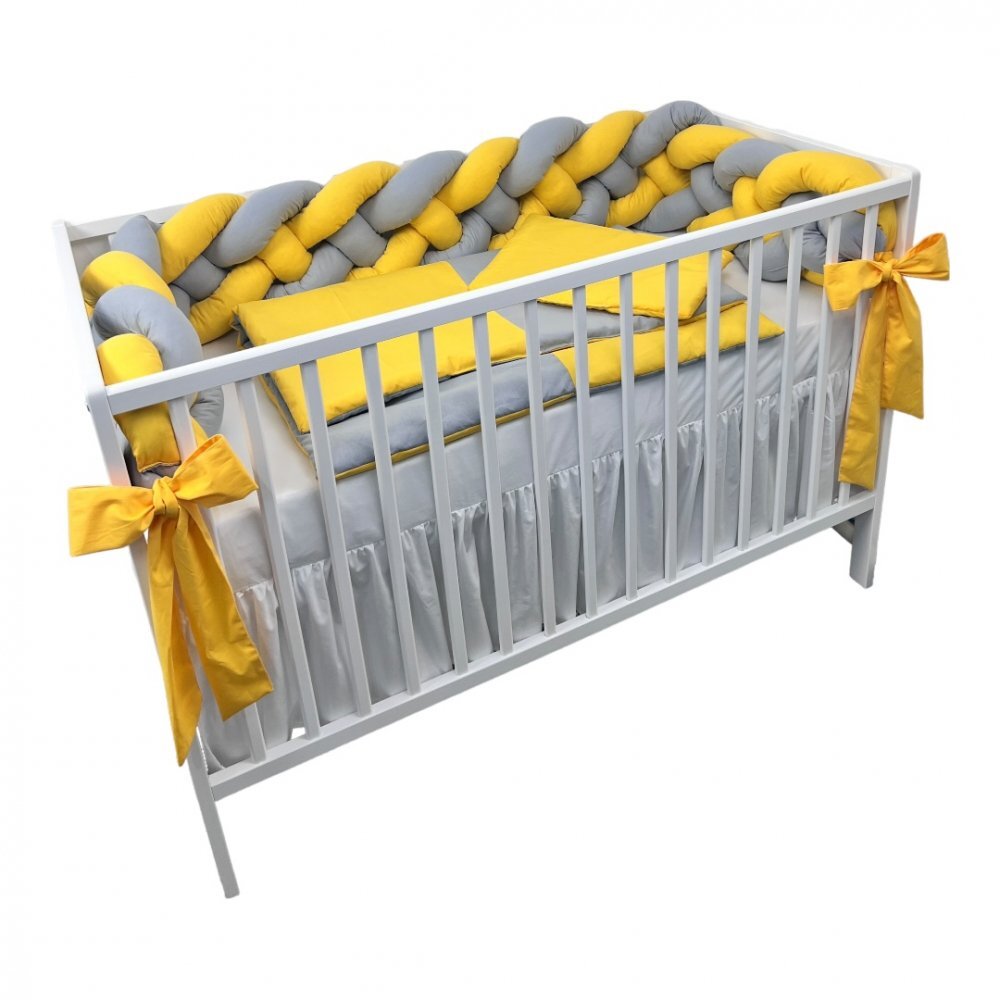 DESEDA Lenjerie de pat 120x60 cm cu aparatoare impletita 240 cm cu paturica pernuta slim si cearceaf galben-gri