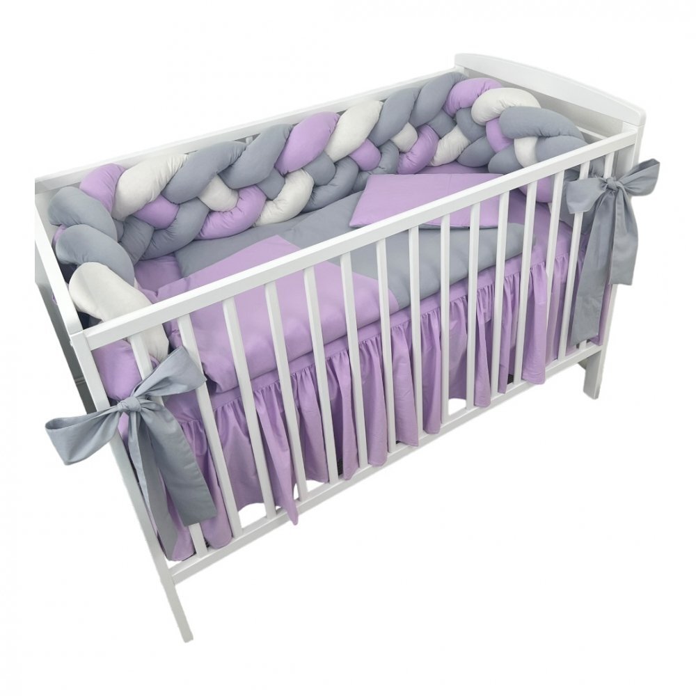 DESEDA Lenjerie de pat 120x60 cm cu aparatoare impletita 240 cm cu paturica pernuta slim si cearceaf lila-alb-gri