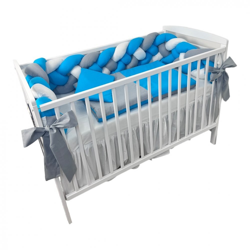 DESEDA Lenjerie de pat 120x60 cm cu aparatoare impletita 240 cm cu paturica pernuta slim si cearceaf turqoise-alb-gri