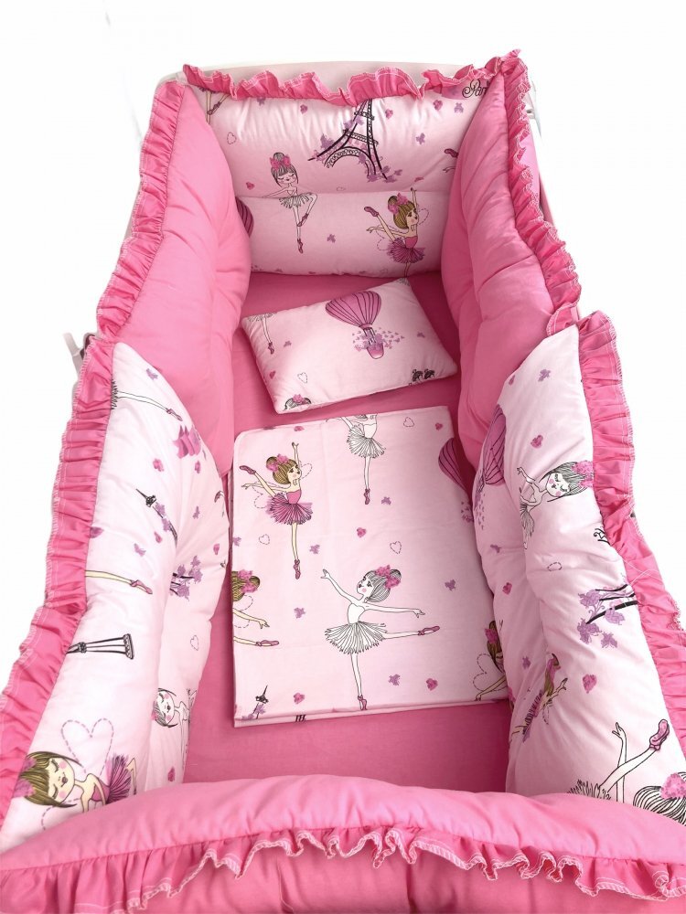 DESEDA Lenjerie patut 140x70 cm cu 6 aparatori pufoase cearsaf si paturica Balerine roz