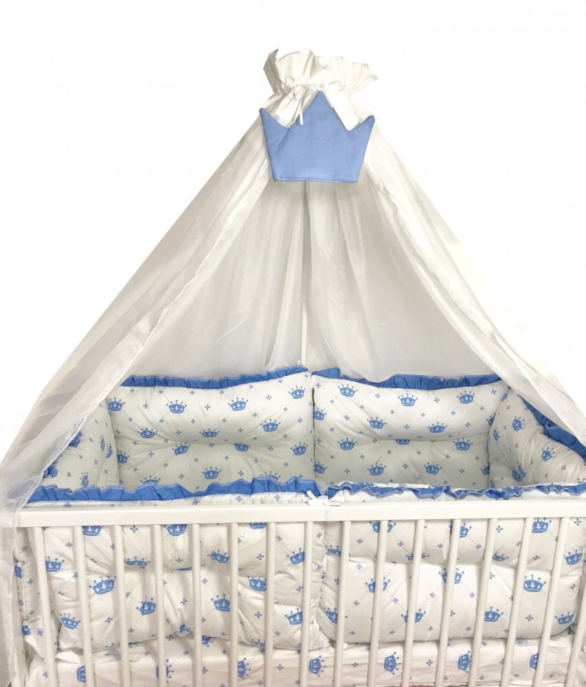 DESEDA Lenjerie patut 140x70 cm cu 6 aparatori pufoase cearsaf si paturica Coronite albastre
