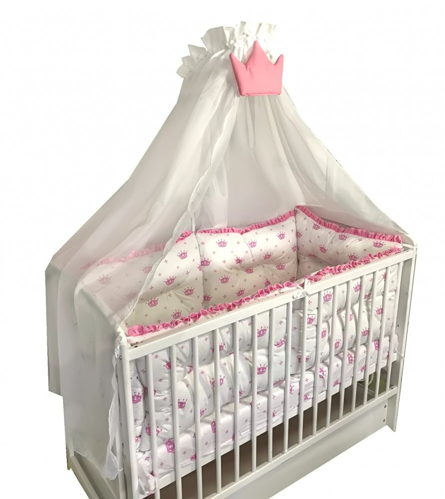 DESEDA Lenjerie patut 140x70 cm cu 6 aparatori pufoase cearsaf si paturica Coronite roz