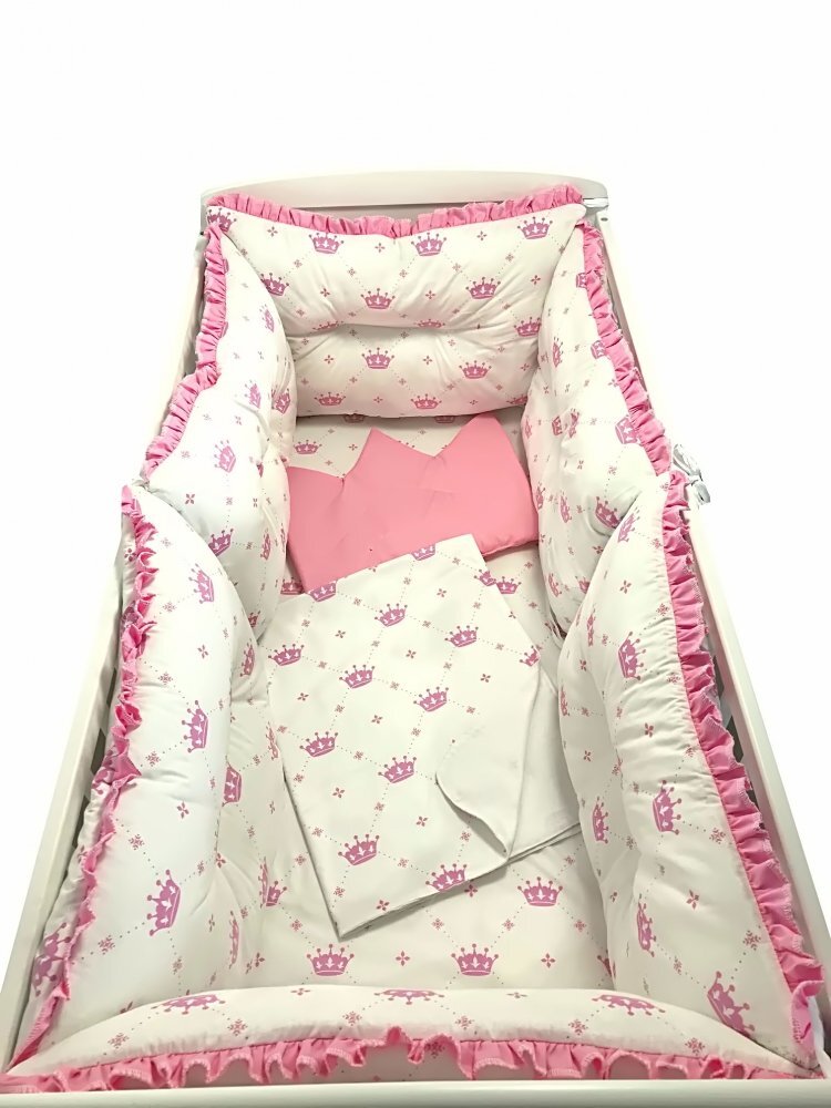 DESEDA Lenjerie patut 140x70 cm cu 6 aparatori pufoase cearsaf si paturica Coronite roz