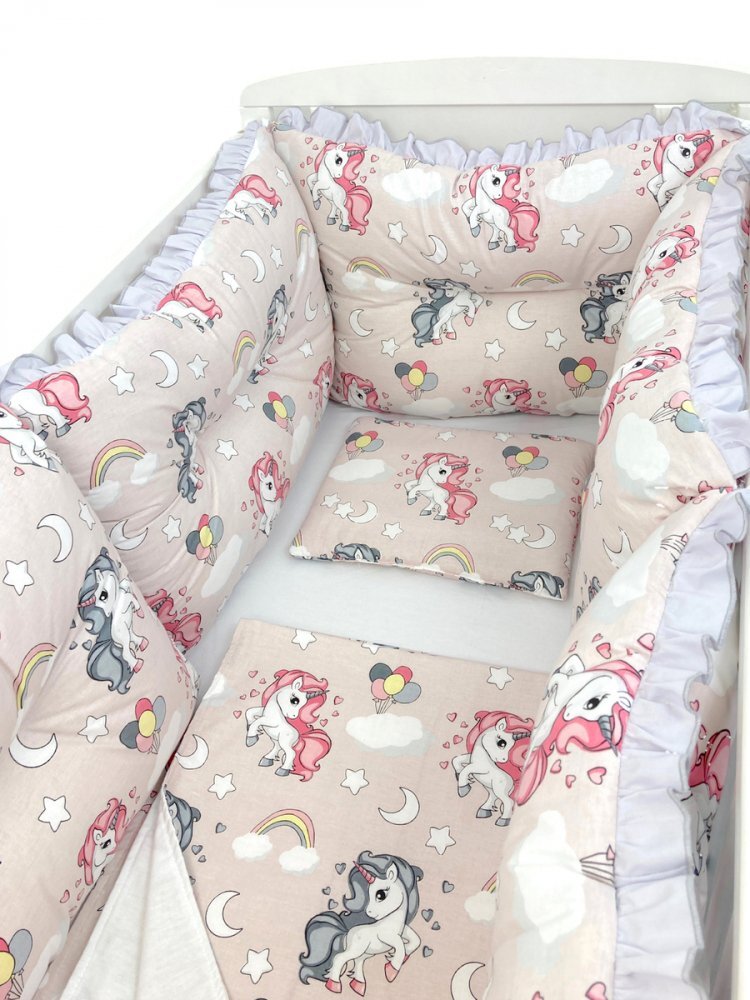 DESEDA Lenjerie patut 140x70 cm cu 6 aparatori pufoase cearsaf si paturica Unicorni