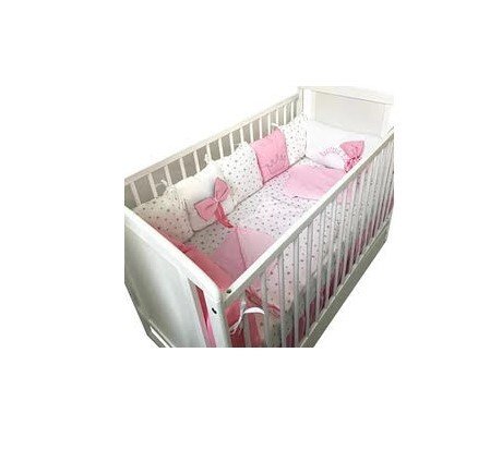 DESEDA Lenjerie personalizata cu aparatori din 7 pernute pufoase Roz cu stelute gri pe alb 140x70 cm