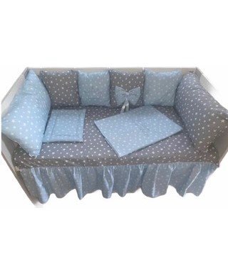 DESEDA Lenjerie personalizata cu aparatori din 7 pernute pufoase Stelute pe gri si albastru 140x70 cm