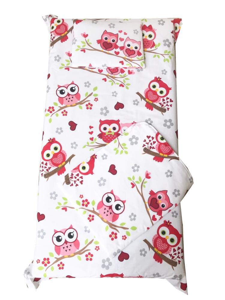 DESEDA Set 3 piese paturica cu cearsaf si pernuta 120x60 cm Bufnite cu rosu