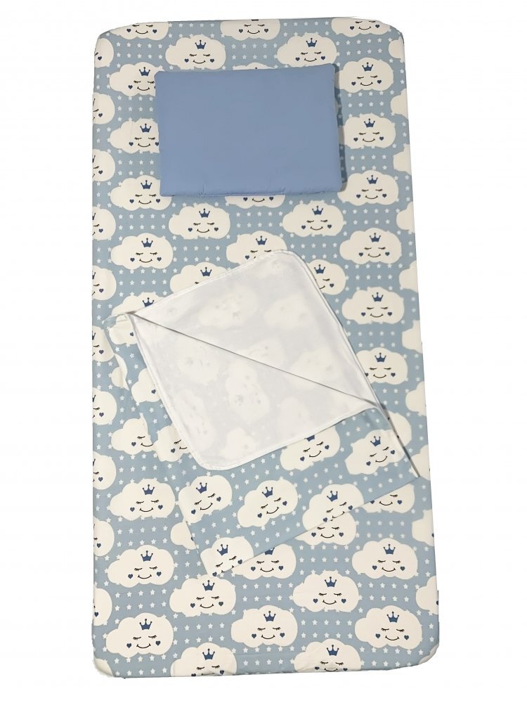 DESEDA Set 3 piese paturica cu cearsaf si pernuta 120x60 cm Norisori zambareti albastri