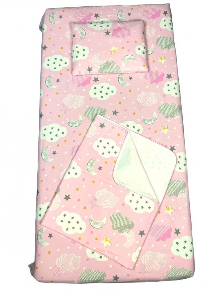 DESEDA Set 3 piese paturica cu cearsaf si pernuta 160x80 cm Nori cu luna roz