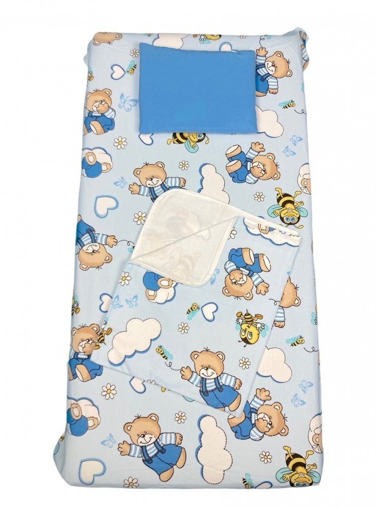 DESEDA Set 3 piese paturica cu cearsaf si pernuta 160x80 cm Ursi cu albine blue